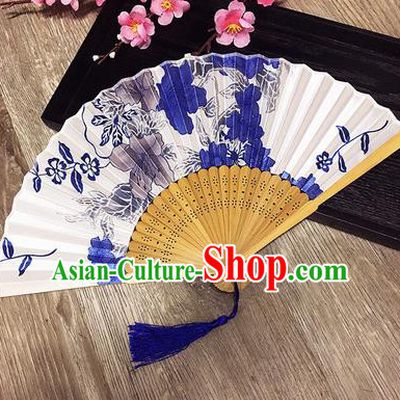 Chinese Handmade Classical Folding Fans Printing White Silk Accordion Fan for Women
