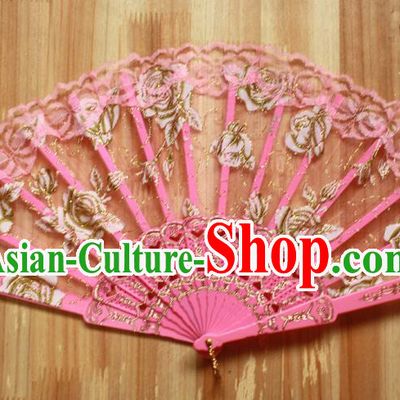 Chinese Handmade Folk Dance Pink Lace Rose Folding Fans Classical Accordion Fan for Women