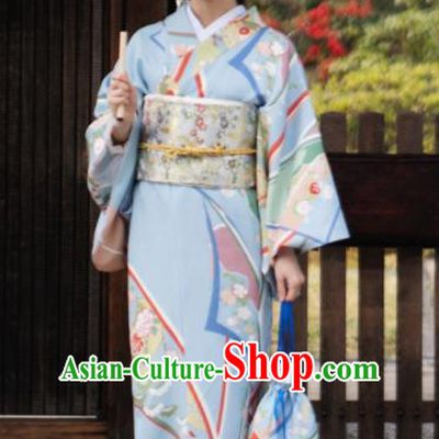 Japanese Handmade Kimono Japan Traditional Yukata Blue Dress for Women