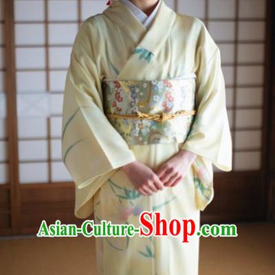 Japanese Handmade Yellow Kimono Costume Japan Traditional Yukata Dress for Women