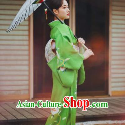 Japanese Handmade Green Kimono Costume Japan Traditional Yukata Dress for Women