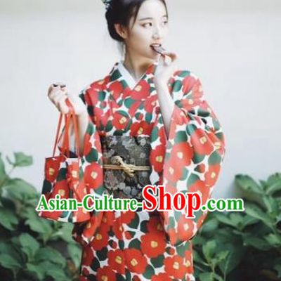 Japanese Handmade Printing Red Kimono Costume Japan Traditional Yukata Dress for Women