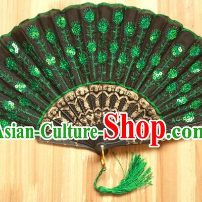 Chinese Handmade Classical Folding Fans Folk Dance Green Paillette Silk Accordion Fan for Women