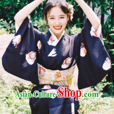 Japanese Handmade Black Kimono Costume Japan Traditional Printing Yukata Dress for Women