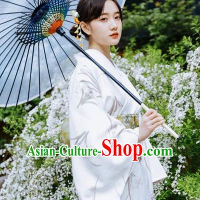 Japanese Handmade White Kimono Costume Japan Traditional Printing Orchid Yukata Dress for Women