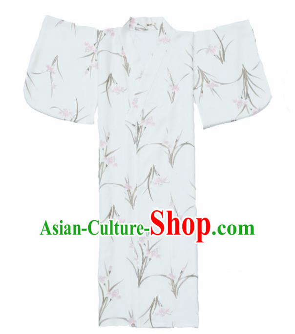 Japanese Handmade White Kimono Costume Japan Traditional Printing Orchid Yukata Dress for Women Japanese Handmade White Kimono Costume Japan Traditional Printing Orchid Yukata Dress for Women
