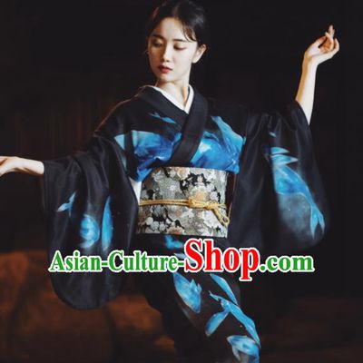 Japanese Handmade Printing Black Kimono Costume Japan Traditional Yukata Dress for Women