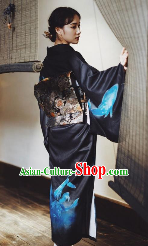 Japanese Handmade Printing Black Kimono Costume Japan Traditional Yukata Dress for Women