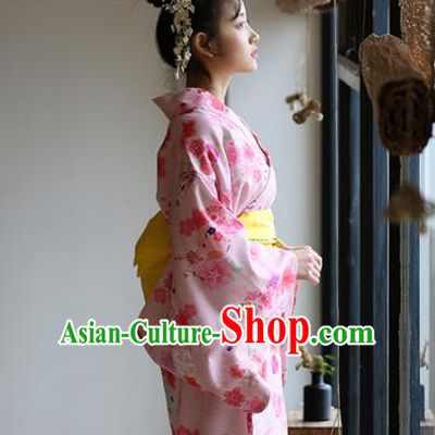 Japanese Handmade Printing Sakura Pink Kimono Costume Japan Traditional Yukata Dress for Women