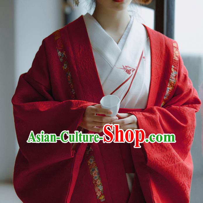 Japanese Handmade Kimono Red Haori Costume Japan Traditional Jacket for Women Japanese Handmade Kimono Red Haori Costume Japan Traditional Jacket for Women