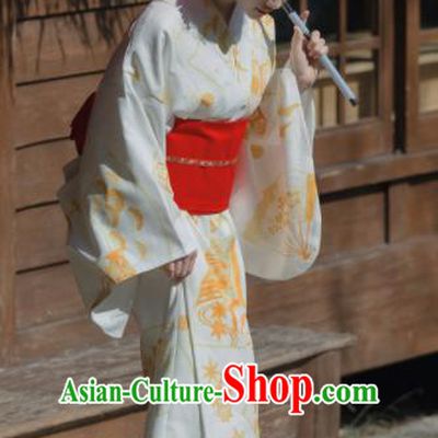 Japanese Handmade Printing White Kimono Costume Japan Traditional Yukata Dress for Women