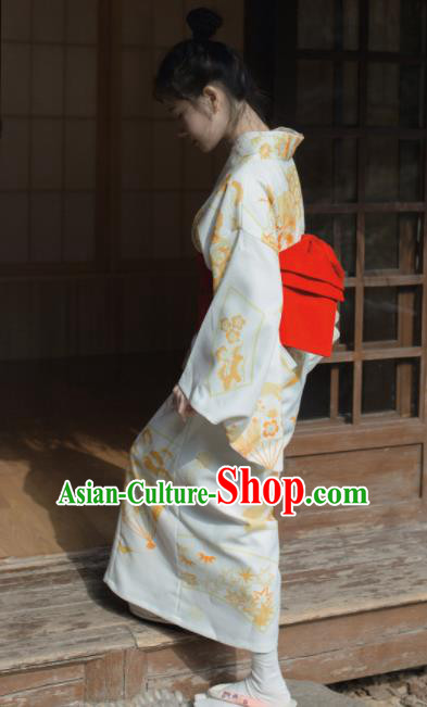 Japanese Handmade Printing White Kimono Costume Japan Traditional Yukata Dress for Women Japanese Handmade Printing White Kimono Costume Japan Traditional Yukata Dress for Women