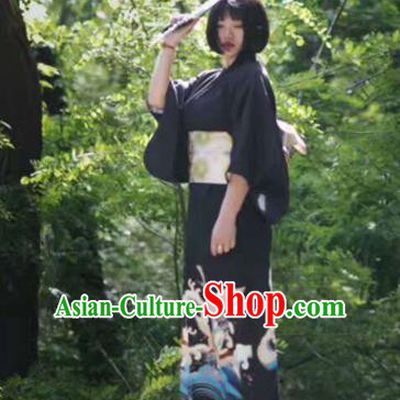 Japanese Handmade Printing Black Kimono Japan Traditional Yukata Dress Costume for Women