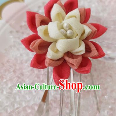 Japanese Handmade Kimono Hair Accessories Japan Traditional Yukata Red Silk Flowers Hairpins for Women