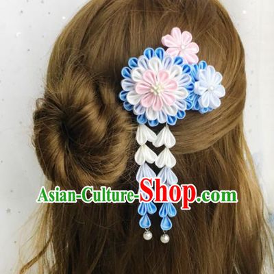 Japanese Handmade Kimono Hair Accessories Japan Traditional Yukata Blue Flowers Tassel Hairpins for Women