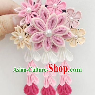 Japan Traditional Yukata Pink Flowers Tassel Hair Claw Japanese Handmade Kimono Hair Accessories for Women