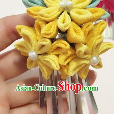 Japan Traditional Geisha Yukata Yellow Flowers Tassel Hair Claw Japanese Handmade Kimono Hair Accessories for Women