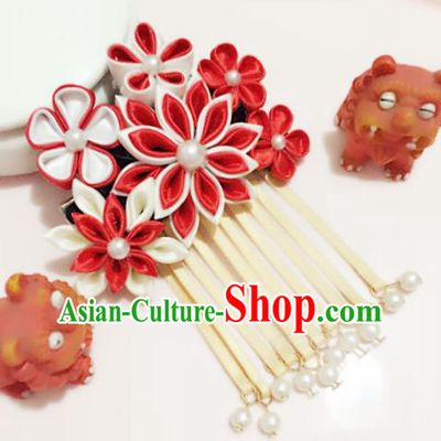 Japanese Traditional Geisha Red Sakura Tassel Hairpins Japan Handmade Kimono Hair Accessories for Women