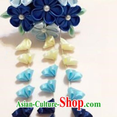 Japanese Traditional Geisha Navy Sakura Tassel Hairpins Japan Handmade Kimono Hair Accessories for Women