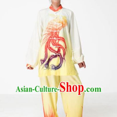 Chinese Traditional Tai Chi Printing Phoenix Yellow Costume Martial Arts Training Uniform Kung Fu Wushu Clothing for Women