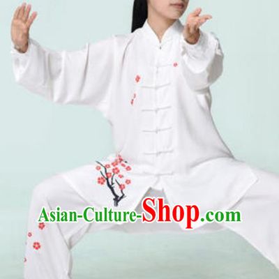 Chinese Traditional Tai Chi Printing Plum Blossom White Costume Martial Arts Training Uniform Kung Fu Wushu Clothing for Women