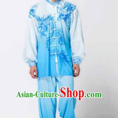 Top Chinese Traditional Tai Chi Printing Dragon Blue Costume Martial Arts Training Uniform Kung Fu Wushu Clothing for Men