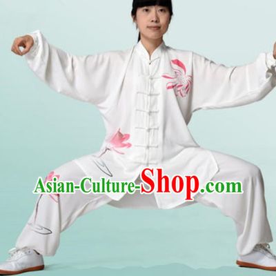 Chinese Traditional Tai Chi Printing Lotus White Costume Martial Arts Training Uniform Kung Fu Wushu Clothing for Women