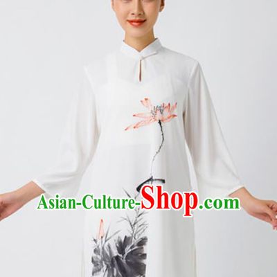 Chinese Traditional Tai Chi Printing Lotus White Costume Martial Arts Uniform Kung Fu Wushu Clothing for Women
