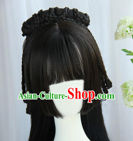 Handmade Chinese Traditional Hanfu Blunt Bangs Wigs Sheath Ancient Princess Chignon for Women