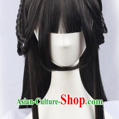 Handmade Chinese Traditional Princess Hanfu Blunt Bangs Black Wigs Sheath Ancient Nobility Lady Chignon for Women