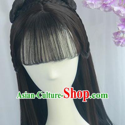 Handmade Chinese Ancient Ming Dynasty Princess Headpiece Chignon Traditional Hanfu Blunt Bangs Wigs Sheath for Women