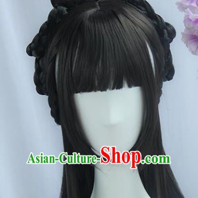 Handmade Chinese Ancient Peri Headpiece Chignon Traditional Hanfu Blunt Bangs Wigs Sheath for Women