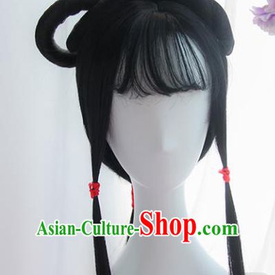 Handmade Chinese Ancient Headpiece Chignon Traditional Hanfu Blunt Bangs Wigs Sheath for Women