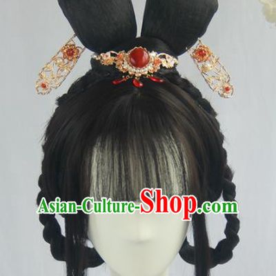 Handmade Chinese Ancient Song Dynasty Princess Headpiece Chignon Traditional Hanfu Blunt Bangs Wigs Sheath for Women