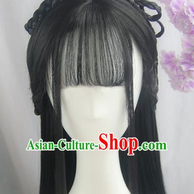 Handmade Chinese Ancient Swordswoman Headpiece Chignon Traditional Hanfu Blunt Bangs Wigs Sheath for Women