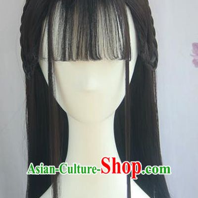 Handmade Chinese Ancient Song Dynasty Headpiece Chignon Traditional Hanfu Blunt Bangs Wigs Sheath for Women