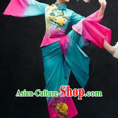 Chinese Classical Dance Costume Traditional Umbrella Dance Blue Clothing for Women