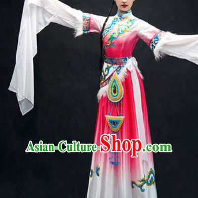 Chinese Zang Nationality Dance Costume Traditional Tibetan Bride Pink Dress Clothing for Women