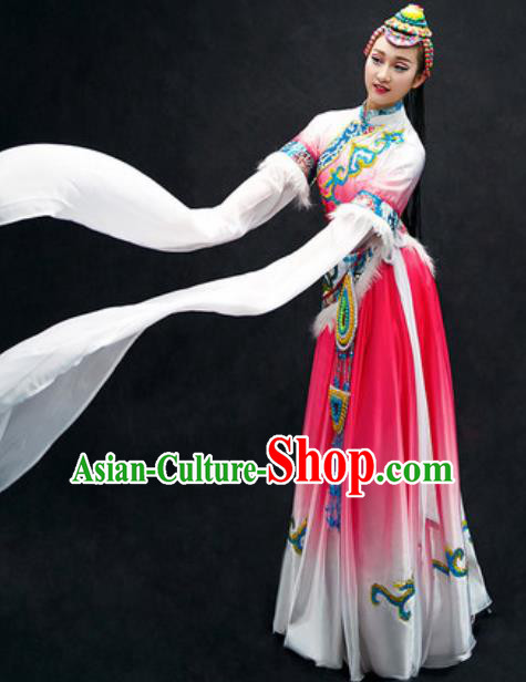 Chinese Zang Nationality Dance Costume Traditional Tibetan Bride Pink Dress Clothing for Women