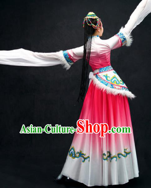 Chinese Zang Nationality Dance Costume Traditional Tibetan Bride Pink Dress Clothing for Women