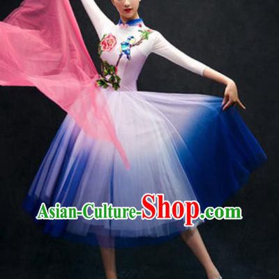 Chinese Classical Dance Costume Traditional Modern Dance Royalblue Veil Dress for Women