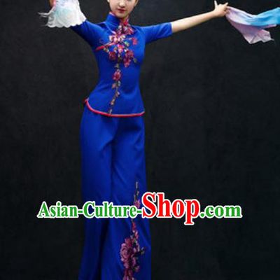 Chinese Folk Dance Yangko Royalblue Costume Traditional Fan Dance Clothing for Women