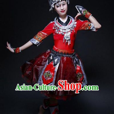Chinese Miao Nationality Ethnic Dance Costume Traditional Hmong Minority Dance Red Bubble Dress for Women