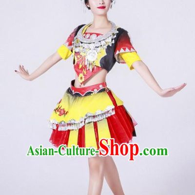 Chinese Miao Nationality Ethnic Dance Costume Traditional Hmong Minority Dance Bubble Dress for Women