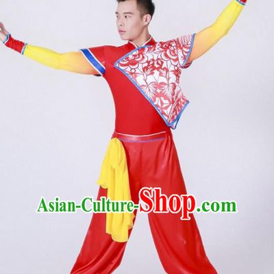 Chinese Folk Dance Yangko Stage Performance Costume Traditional Drum Dance Red Clothing for Men