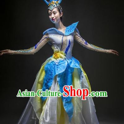 Chinese Modern Dance Stage Costume Traditional Opening Dance Blue Bubble Dress for Women