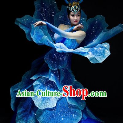 Chinese Modern Dance Peony Dance Stage Costume Traditional Spring Festival Gala Opening Dance Royalblue Dress for Women