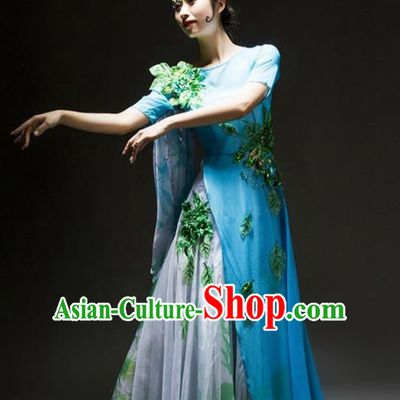 Chinese Classical Dance Chorus Costume Traditional Stage Performance Blue Dress for Women