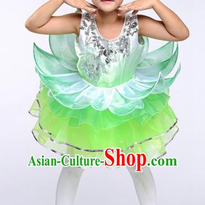 Chinese Modern Dance Stage Performance Costume Opening Dance Green Bubble Dress for Kids