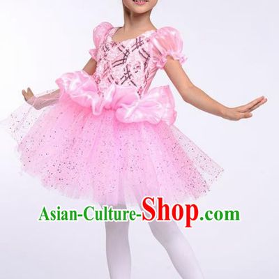Chinese Modern Dance Stage Performance Costume Opening Dance Pink Bubble Dress for Kids